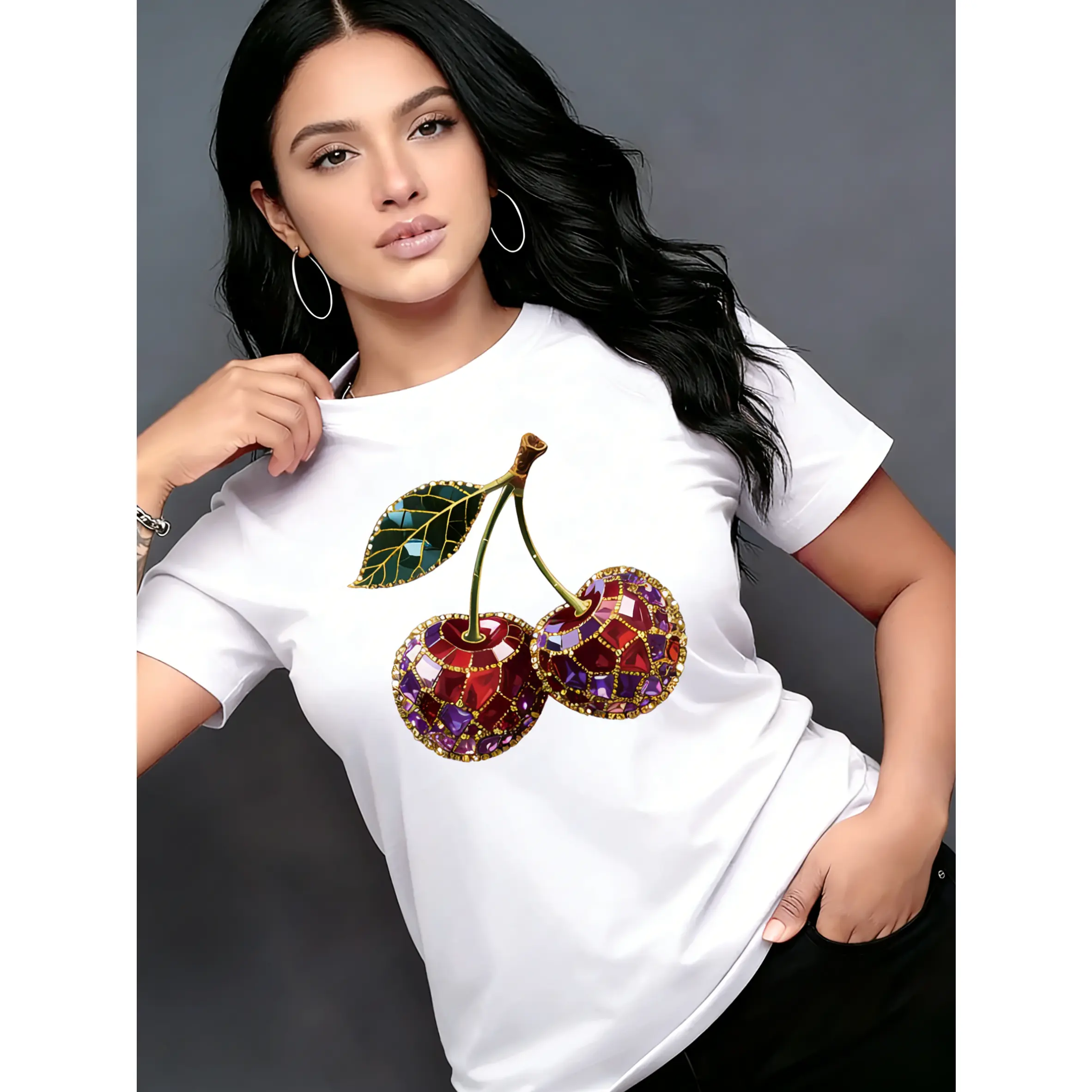 Women 100% Cotton Cherry Print Short Sleeve Crew Neck Tee Soft Breathable Casual Summer Top Sweet Elegant Blouse Multiple Color Choices Daily Wear Travel Vacation Outfit Birthday Gift For Her