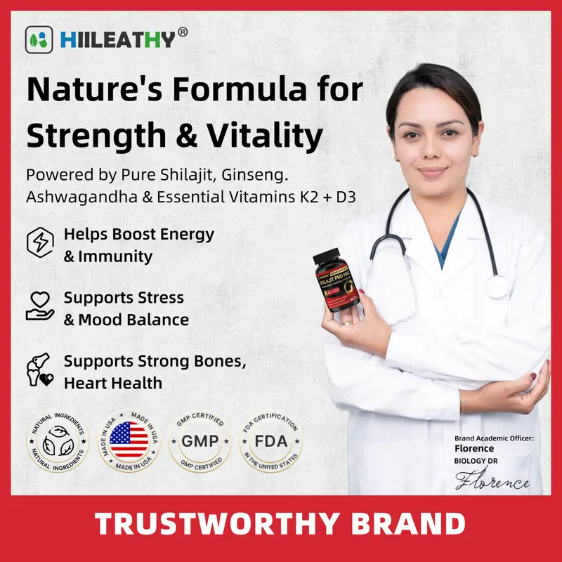 HIILEATHY Shilajit for Men & Women, Shilajit with Vitamin D3 K2, Shilajit for Men with Fulvic Acid, Ashwagandha & Ginseng Root, Helps Support Energy, Stamina and Immune Health, Non-GMO, Made in USA, 60 Capsules