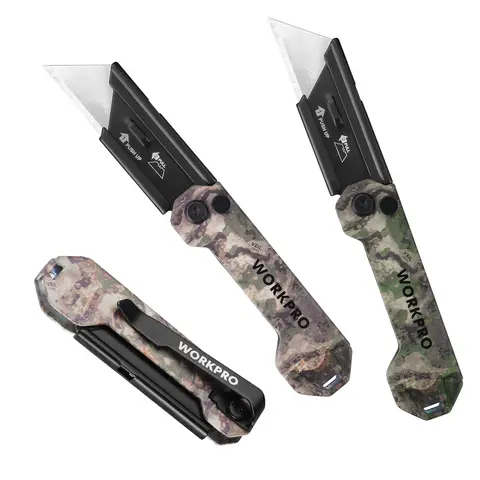 WORKPRO 3-Pack Compact Folding Utility Knife Set - 0.12 lbs Quick Change Stainless Steel Blade Box Cutter, Portable Pocket Knife with Belt Clip, Camouflage Quick Release Folding EDC Tool, Multifunctional Versatile Tool for Cutting Rope & Leather