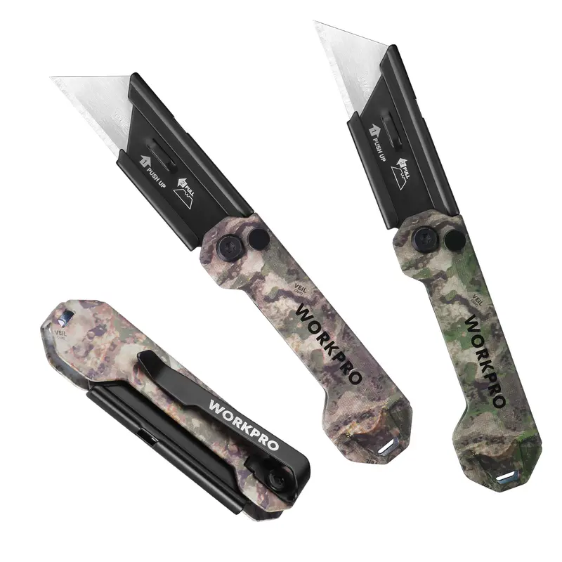 WORKPRO 3-Pack Compact Folding Utility Knife Set - 0.12 lbs Quick Change Stainless Steel Blade Box Cutter, Portable Pocket Knife with Belt Clip, Camouflage Quick Release Folding EDC Tool, Multifunctional Versatile Tool for Cutting Rope & Leather
