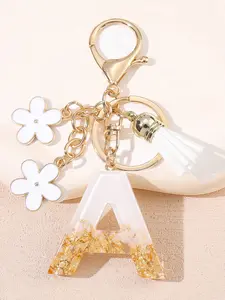 Women's Fashion Resin Gold Foil Keychain, 26 English Capital Letters, Flower Tassel Car Key Holder, Wallet Handbag Backpack Charm, Keychain For Bags, Keychain Attachment