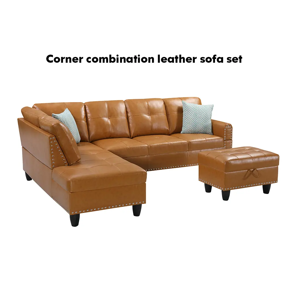 Sectional sofa, modern four-seater living room furniture set, with chaise longue, storage cabinet, footstool and 2 throw pillows | L-shaped leisure sofa | Artificial PU leather, ginger yellow leather  modular  couch Sapphire Blue Chaise Sectional Sofa