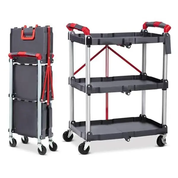 Folding Collapsible Utility Cart with Wheels, 3-Tier Portable Rolling Service Trolley, 167 LBS Capacity Foldable Storage Cart for Home Garage Restaurant Office Warehouse
