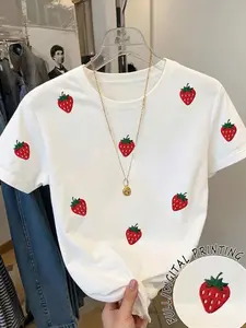 Strawberry Pattern Short Sleeve T-Shirt, Fresh Girl Style, Chic, Loose Fit Slimming, Casual Commute Wear, Comfortable Daily Clothing