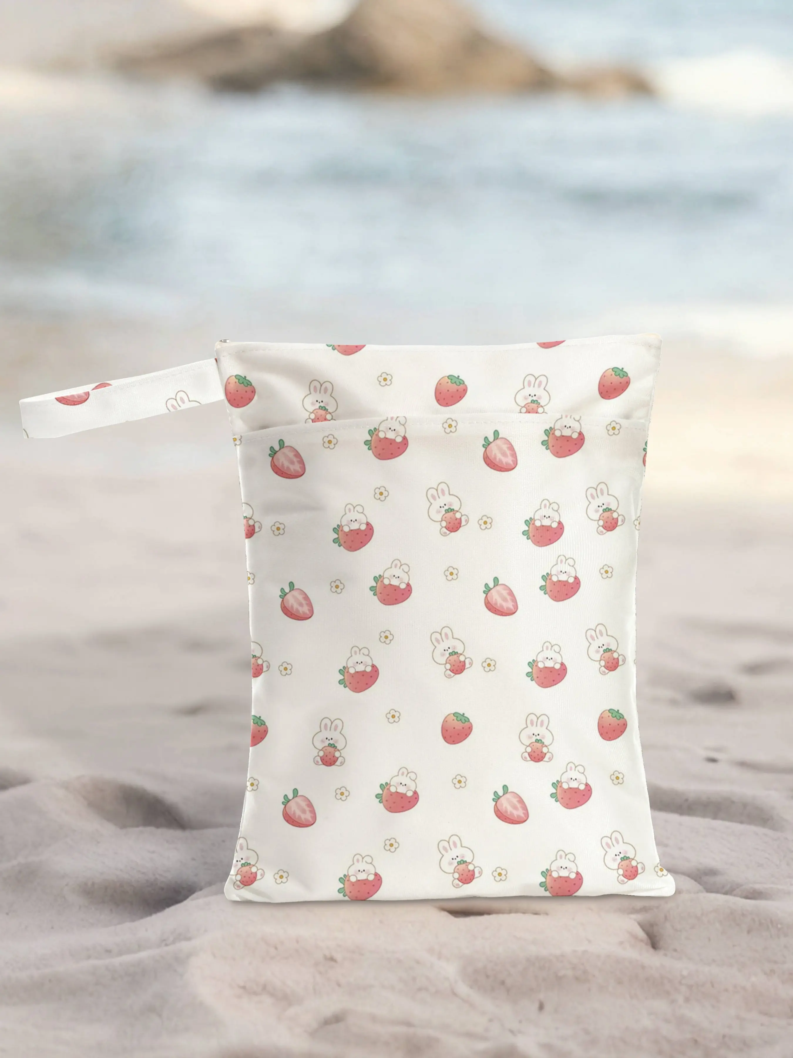Reusable Rabbit Strawberry Print Women's Tote Bag, Dry Wet Use, Ideal for Beach Pool, Diaper Bag, Casual Style, All Seasons