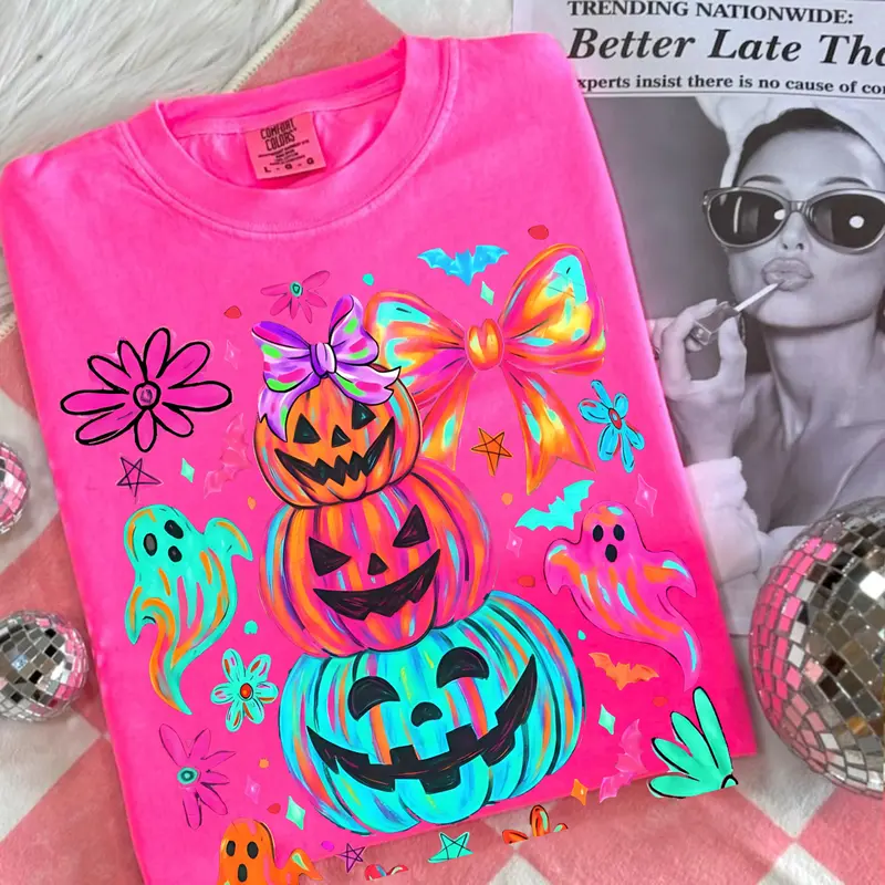 Comfort Colors Preppy Neon Halloween Pumpkin Ghost Shirt, Coquette Halloween Bow Tee, Fall Bat Ghost Shirt, Girly Spooky Pumpkin Graphic Apparel