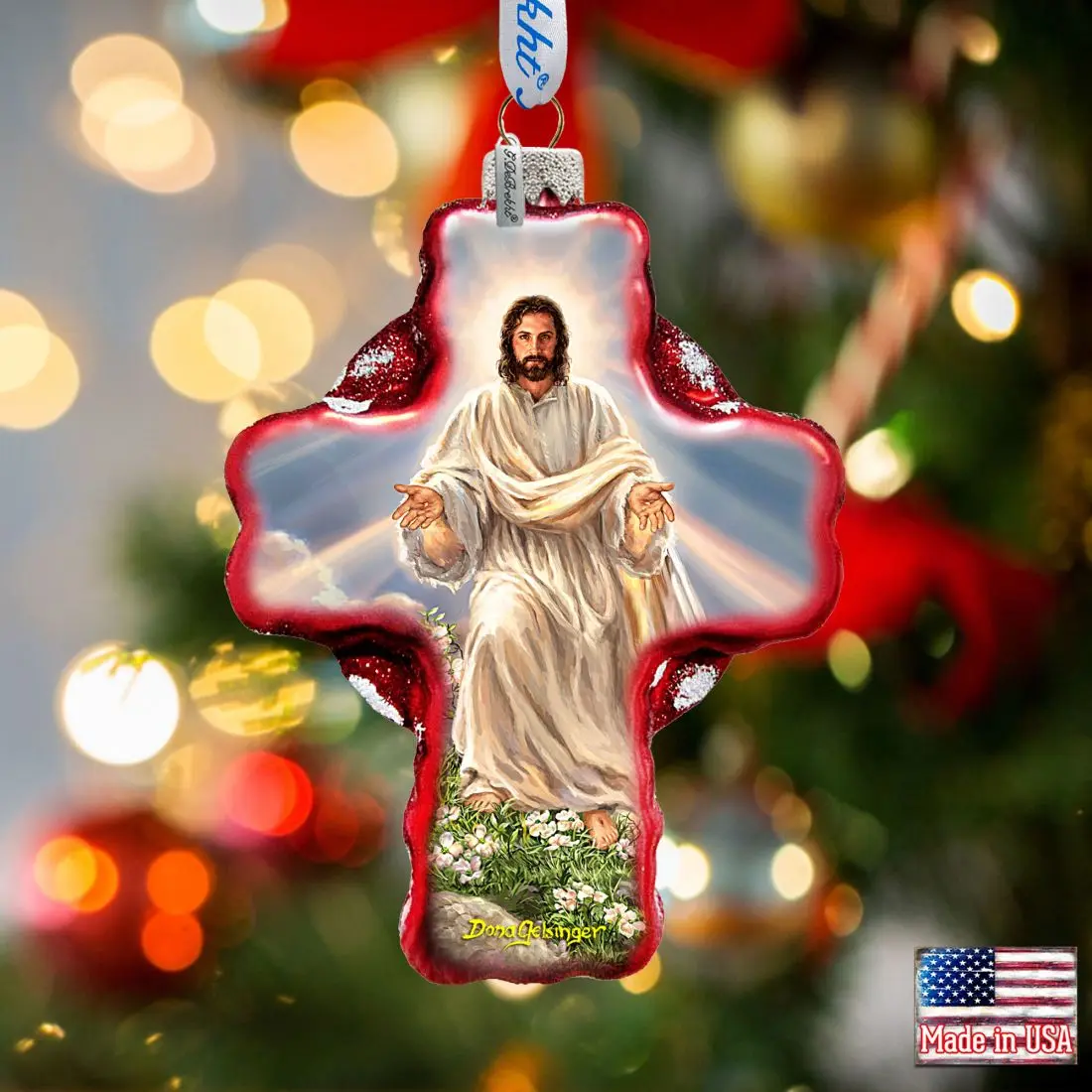 G.DeBrekht 758-021-DG 4x3 in. Jesus Resurrection Icon Cross Glass Ornament, Religious Home Decor, Christmas Tree Satin Gift Decoration