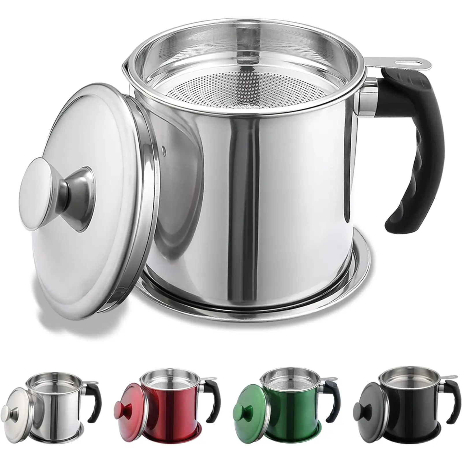 Bacon Grease Container With Strainer 48 oz Stainless Steel Oil Pot Fat Storage Lid Easy Grip Handle For Frying Oil Cooking Grease Silver