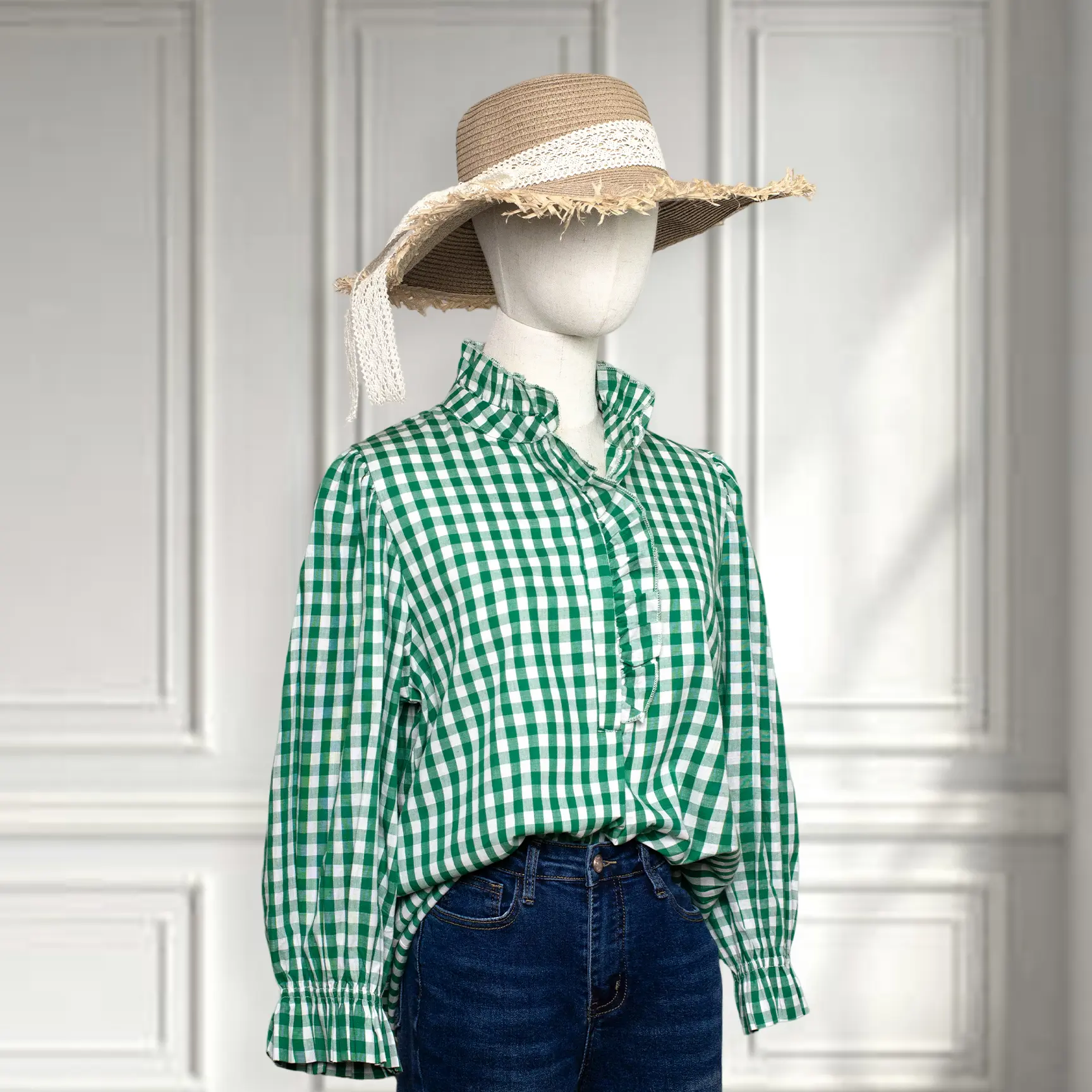 SageVell 3/4 Sleeves Puff Sleeve 100% Cotton Green & White Gingham Shirt  with Ruffle Accents Top for Women - Casual Button Down - TikTok Shop