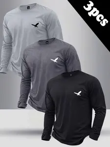 Men's 3-piece set long-sleeve T-shirt with eagle print, all-season suitable men's top, sports T-shirt suitable for outdoor sports and exercise wear, perfect gift for boyfriend, stylish long T-shirt