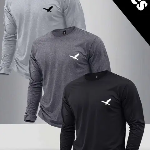 Men's 3-Piece Crew Neck Fitted Long-Sleeve T-Shirt Set - Eagle Print Adventure-Themed Activewear, All-Season Outdoor Sport Tops, Ideal Boyfriend Gift