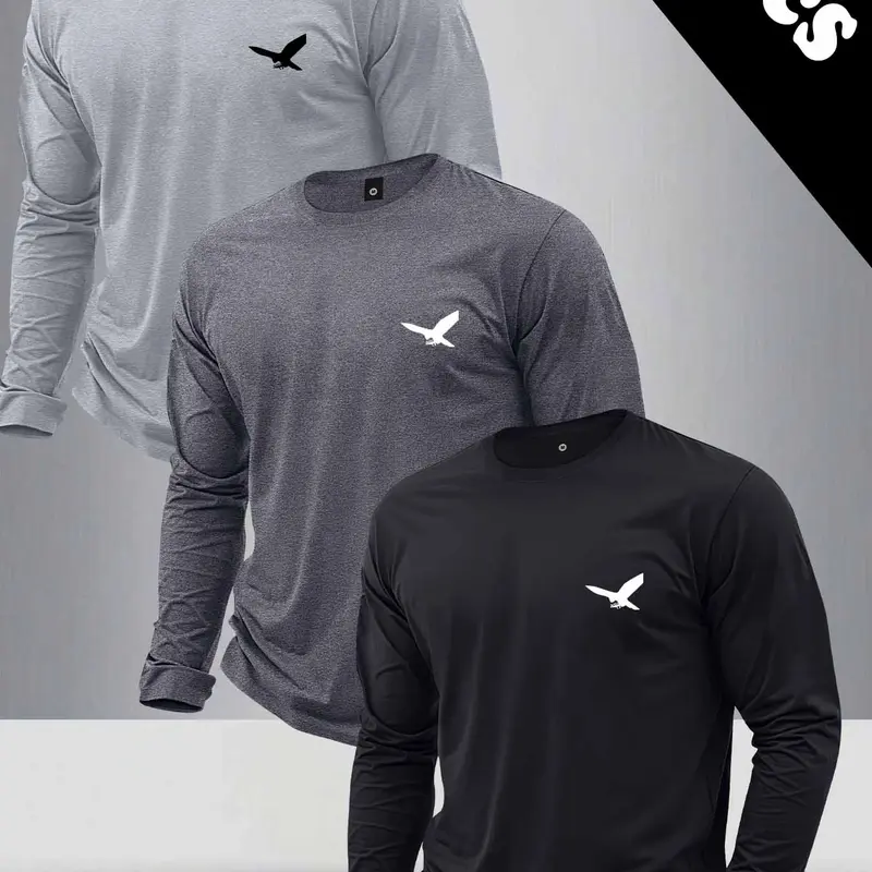 Men's 3-Piece Fitted Crew Neck Long-Sleeve T-Shirt Set - Eagle Print Adventure Activewear, All-Season Outdoor Sport Tops, Ideal Boyfriend Gift