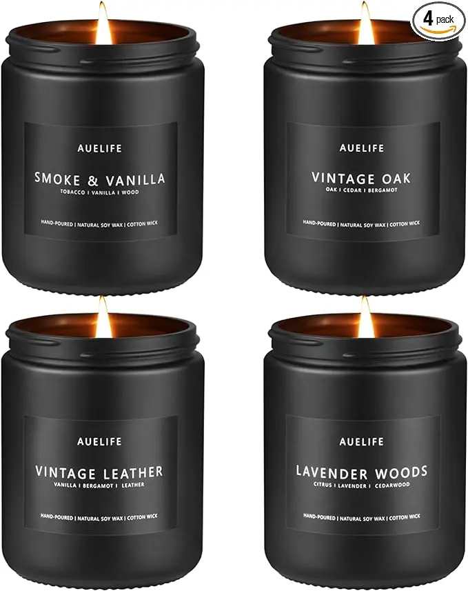 Scented Candles Set | Men Candle Set, Scented Candles for Home, Gifts for Men - 4 Pack Men Candle Gifts Soy Candles Scents of Lavender/Leather/Oak/Smoke & Vanilla
