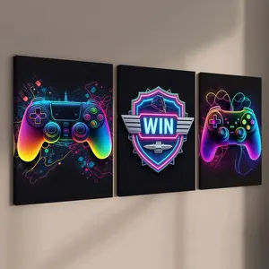 3-count wooden frame canvas, cyberpunk neon game controller triple decoration, e-sports theme cool art poster, fashionable family poster, modern living room decoration, suitable for corridor and bedroom walls, waterproof art