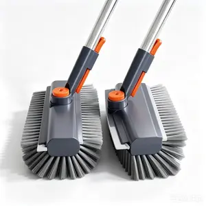 Floor Scrub Brush with Long Handle, 3 in 1 Scrape and Heavy-Duty Stiff Bristle Scrubber Brush for Cleaning Shower Bathroom, Patio, Pool, Garage, Kitchen, Wall and Deck (Gray, 1 Pack)