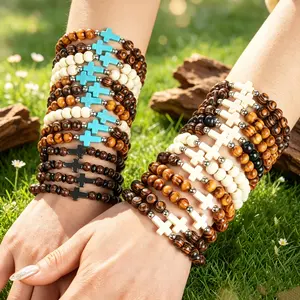 30Pcs Multi-Color Cross Wooden Beaded Bracelets for Women Men, Stackable Ethnic Style Stretch Wristbands, Handmade Religious Casual Style Jewelry for Daily Wear, Couple Gifts & Party Bracelet Packs