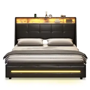 Sikaic Metal Floating Bed Frame with LED Lights Black Lighted Headboard