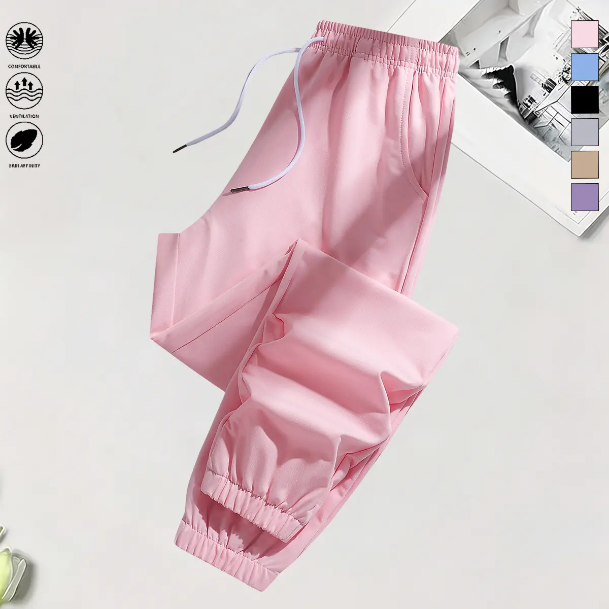 Women’s lightweight, ultra-thin casual athletic straight-leg pants for all seasons, featuring a drawstring, stylish pocket design, suitable for outdoor sports and everyday outings, with a summer vibe and stretch fabric. Stretch casual sports pants with po