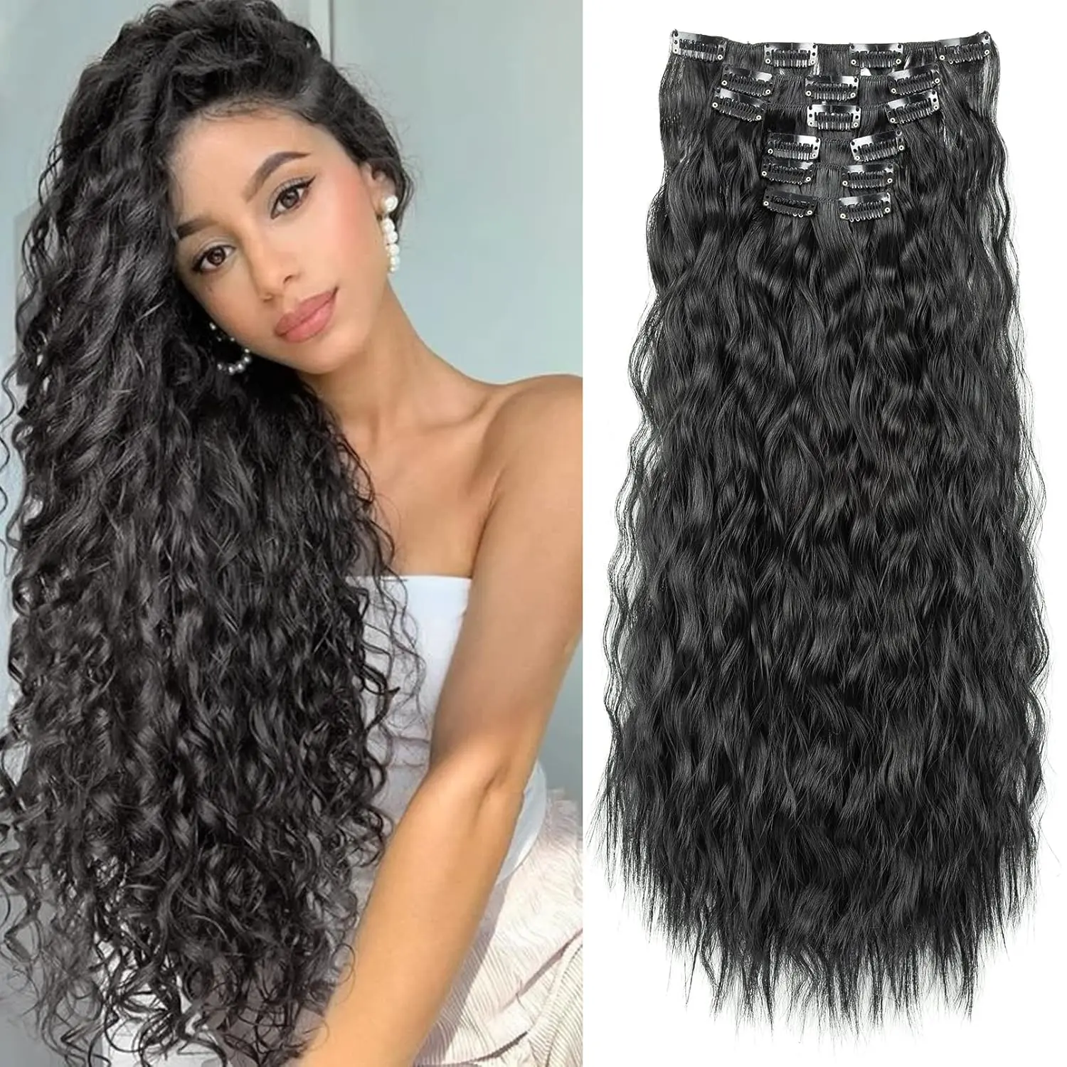 6 PCS Curly Clip In Hair Extensions 24 Inch Thick Curly Hair Extensions Clip Ins Invisible Natural Synthetic Hairpieces for Women Full Head Coverage