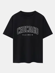 Chicago Illinois Graphic T-Shirt Varsity Style Lettering Tee Aesthetic City Souvenir Top Casual Streetwear Shirt