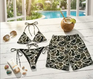 For Summer 2026 - Matching Couple Swimwear Set, Women’s Two Piece Bikini & Men’s Swim Trunks, Camo Print Beach Vacation Bathing Suits