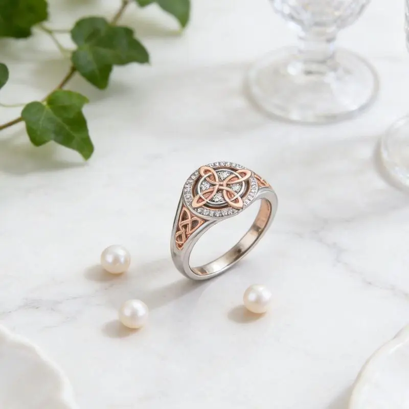 VelourSpark  Sterling Silver Rose Gold Plated	 Celtic Knot Ring, Anillo Nudo de Bruja Plata  Original Witch Knot Jewelry, Cubic Zirconia Decorated S925 Witches Knot Ring,  Witch Jewerly Pagan Jewelry for Devotion for Protection