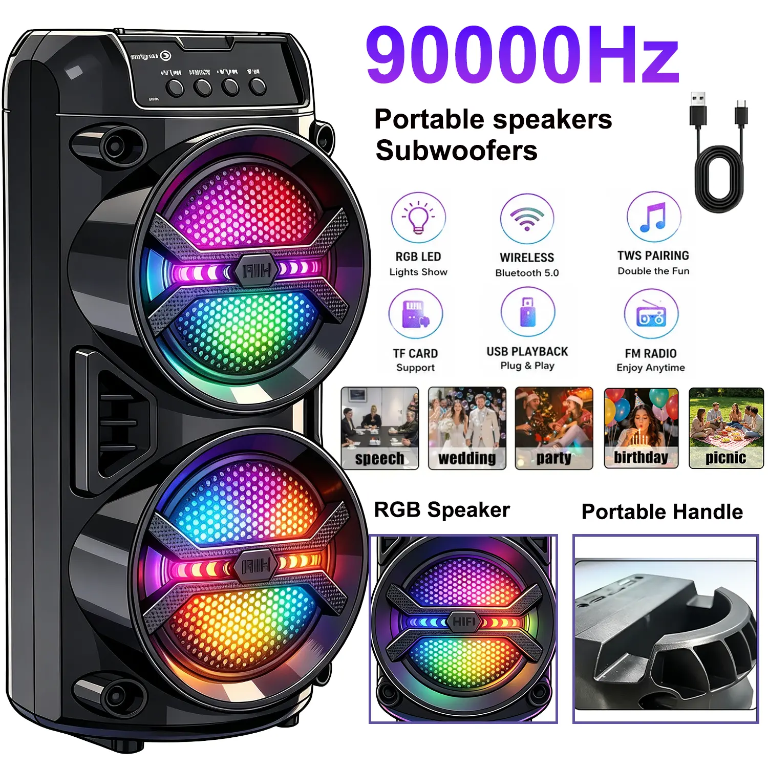90000Hz Portable Bluetooth Speaker with RGB Lights, DeepBass Stereo, Wireless Party Subwoofer with TF Card, USB, FM Radio, AUX Input, TWS Pairing And Microphone Support for Home Outdoor Use, Ideal Gift Microphone Connectable, Recommended
