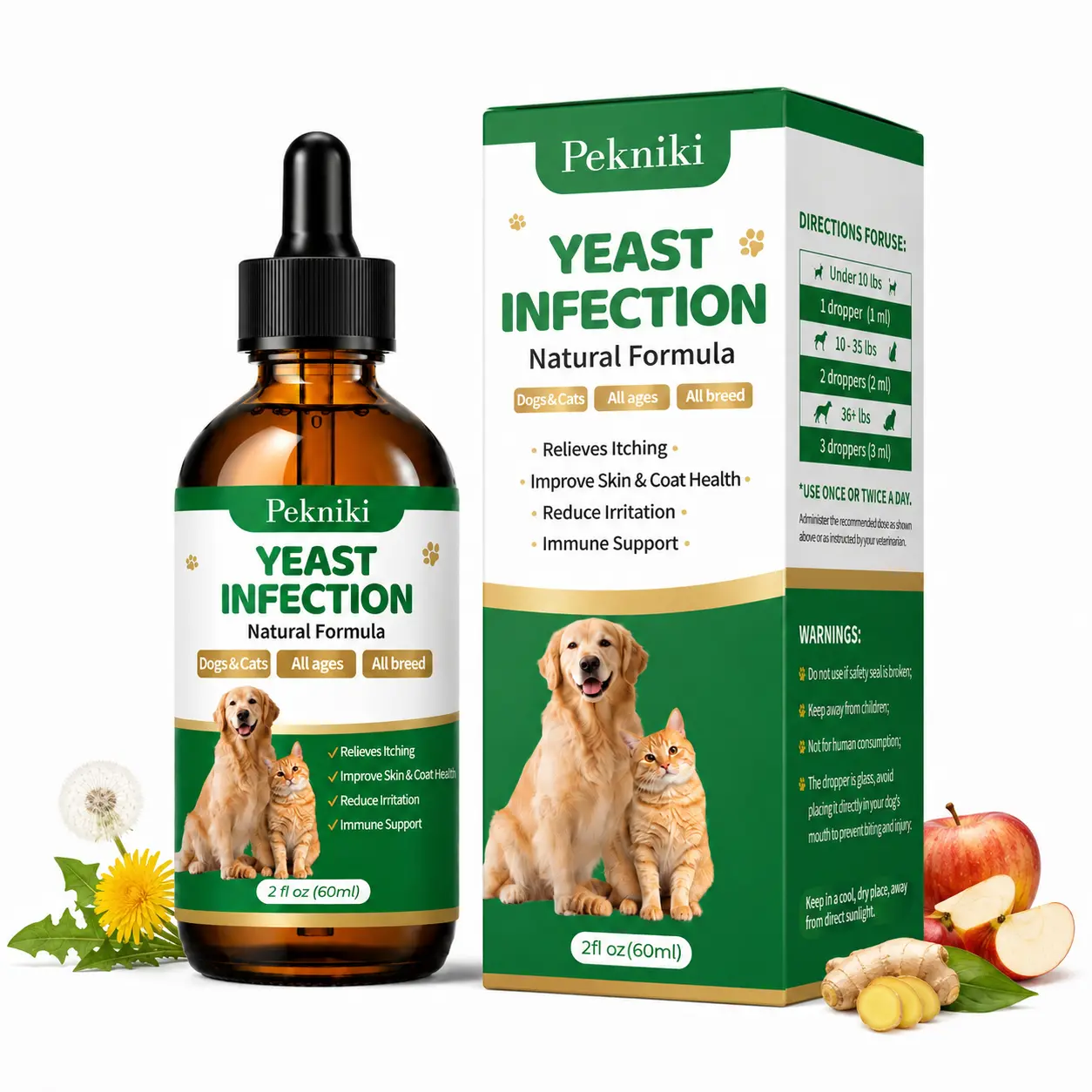 Pekniki Dog & Cat Ear & Skin Relief Liquid Drops - Natural Ingredients Yeast Infection Treatment - Relieves Itching - Supports Healthy Skin & Ears - Single Item Pet Healthcare Solution