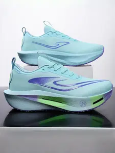 Parent-Child Light Blue-Black Color-Block Track & Field Athletic Shoes, Sport Competitive Style, Breathable Lightweight Material + Non-Slip Platform Sole + Logo Decoration, Parent-Child Compatible, Lightweight Comfortable , Ideal for Track