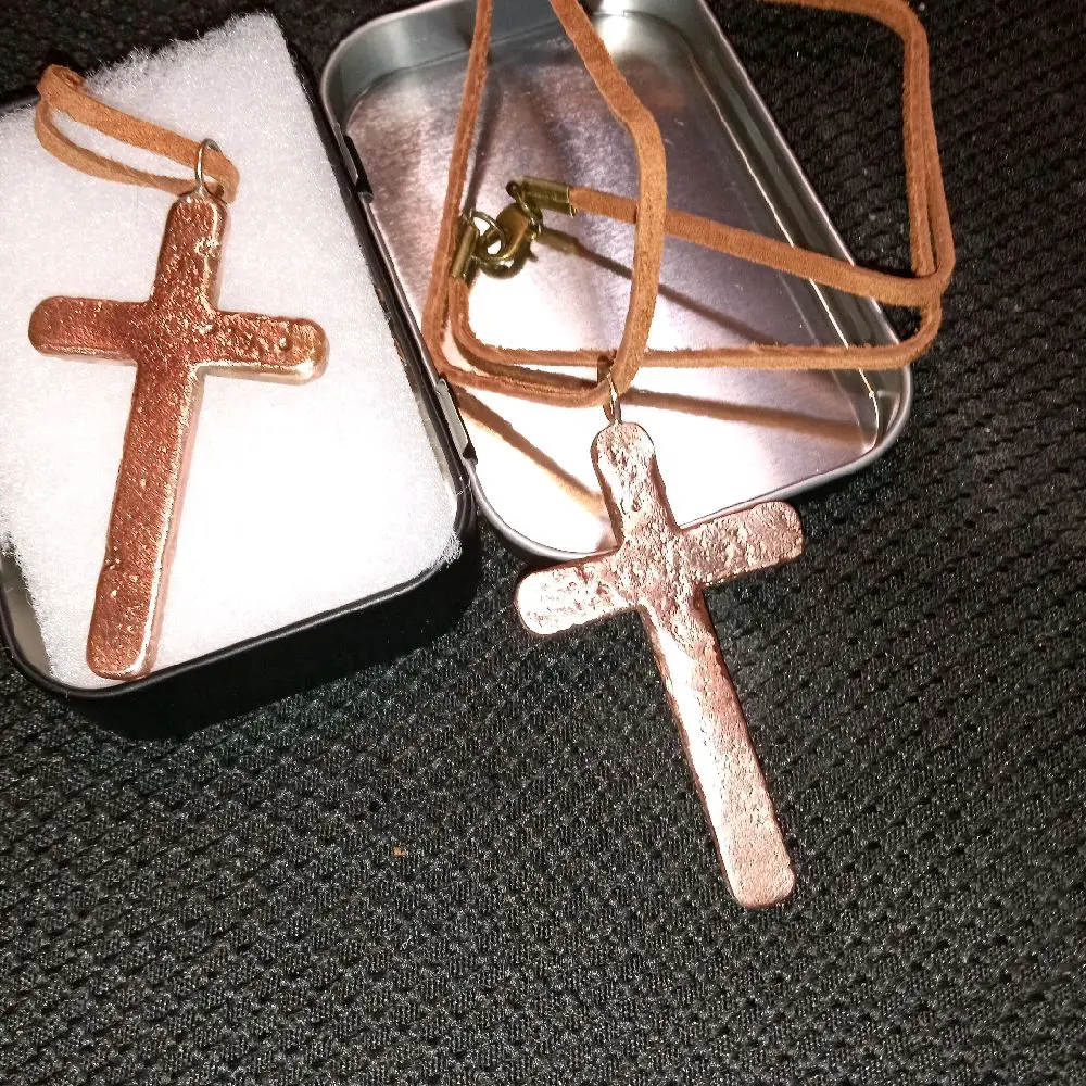 Solid Copper Cross Necklace with Brown Leather Cord in Silver Tin 28 grams 999 fine copper