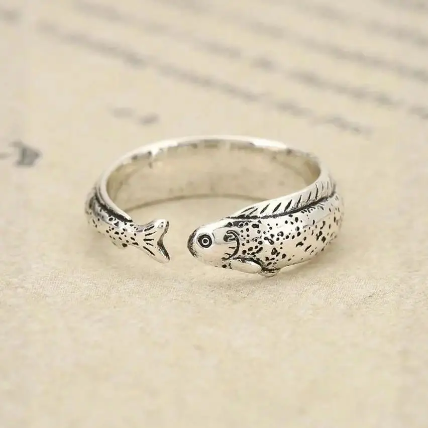 Vintage Ancient Lucky Koi Fish Charm Open Ring for Women Men Boho Animal Adjustable Rings Good Fortune Y2K Aesthetic Jewelry