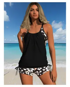 Women's Hibiscus Print Tank Top & Shorts Set - Black Floral Beach Cover Up, Drawstring Swimsuit Coverup, Lightweight Summer Loungewear Outfit for Vacation