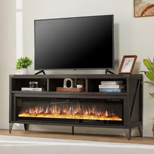 Amerlife 65" Fireplace TV Stand with 60"Glass Electric Fireplace, Industrial & Farmhouse Media Entertainment Center with Storage for TVs Up to 70",