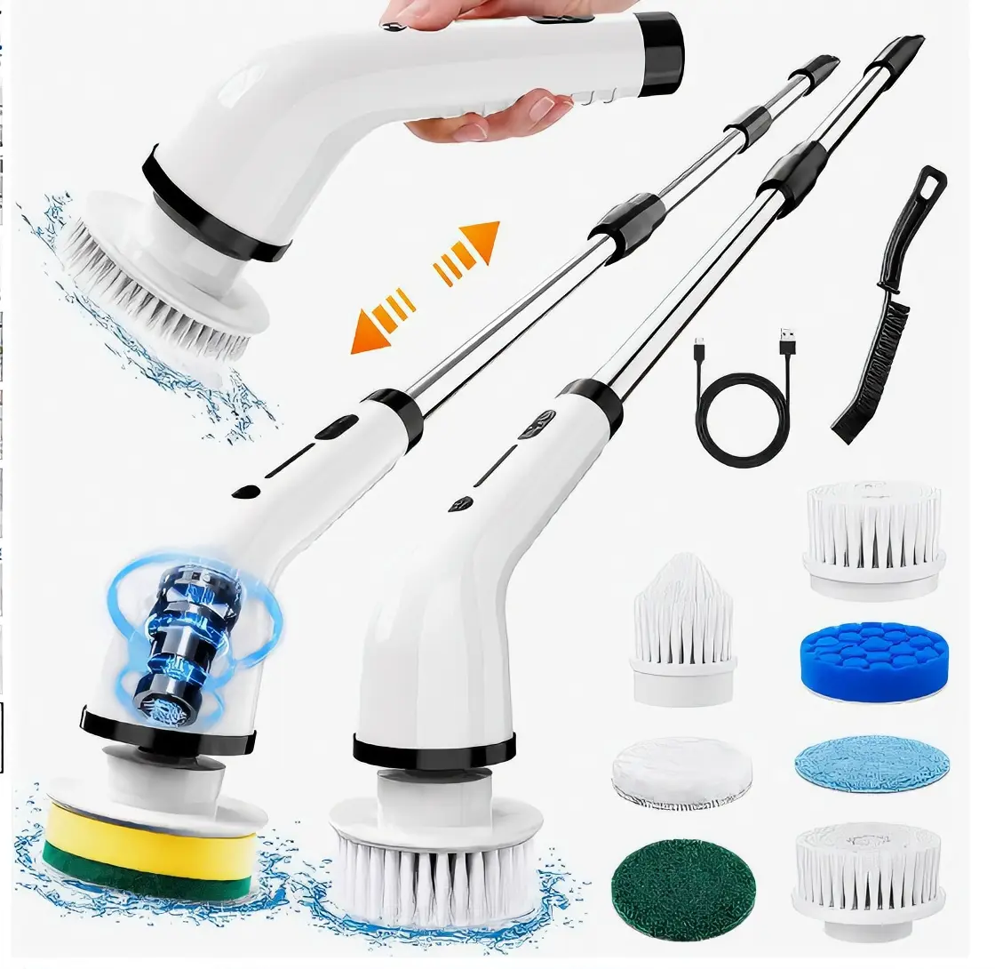 Cleaning Brush 8 Replacement Brush Heads Adjustable Extended Handle Dual Speed Bathroom Kitchen Toilet Shower Tub