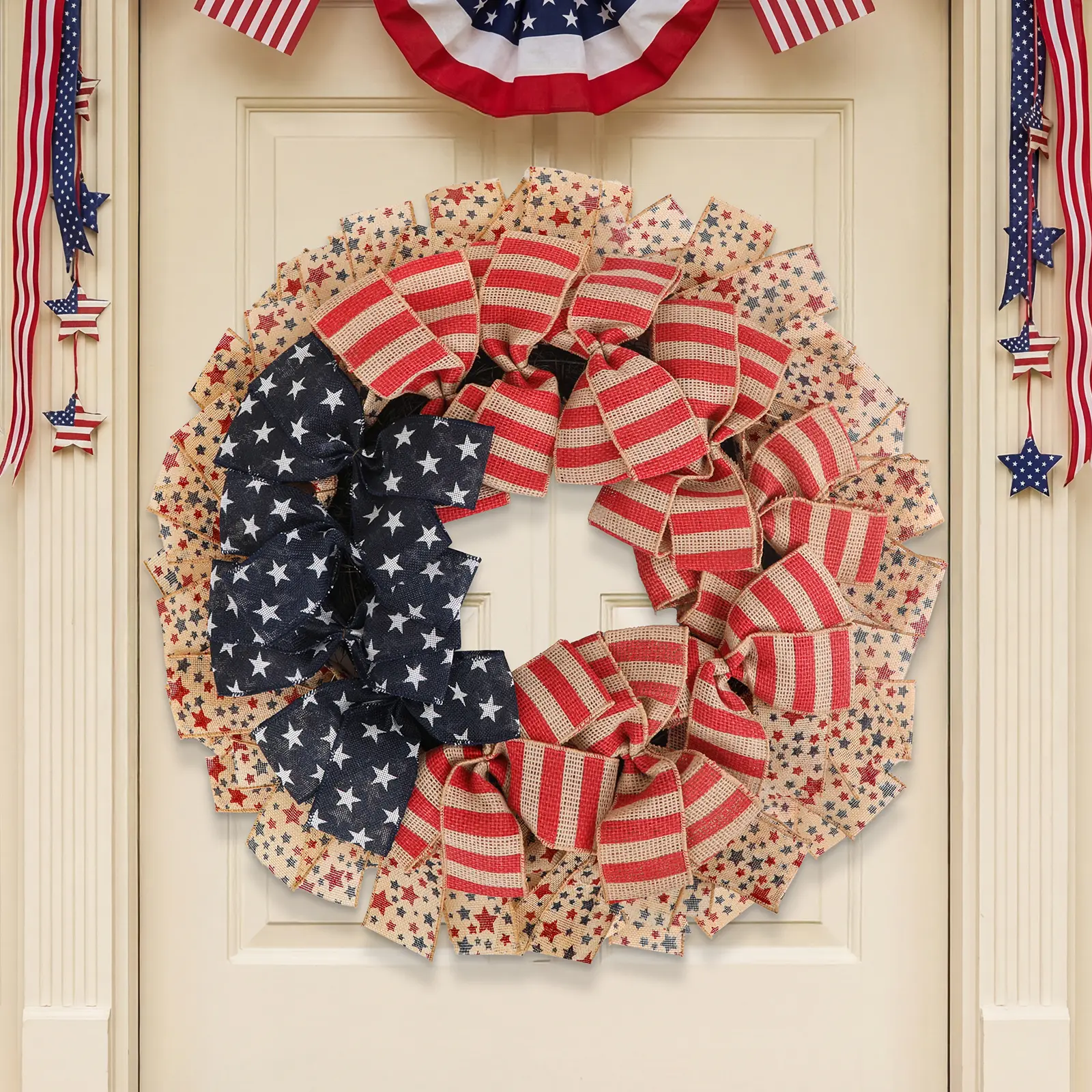 24Inch 4th of July Wreath  Patriotic Burlap Wreath for Front Door, Stripe & Stars Design, USA 250th Anniversary Decor, Memorial Day American Flag Printed Wreath for Outdoor