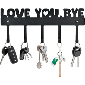 Key Holder Wall Mount - 'Love You.Bye' Entryway Organizer with 5 Hooks,Black Metal Key Hanger (10x4 Inch) - No Drill Adhesive or Screws for Easy Installation
