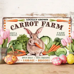 2D Vintage Carrot Farm Metal Iron Sign 8x12 Inch Rustic Easter Bunny & Vegetable Garden Decor, Durable Iron Wall Art for Indoor/Outdoor Easter Celebrations, Spring Home, Patio