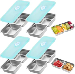 4 Pack Stainless Steel Snack Containers -15oz Reusable Grab and Go 2 Compartment Food Storage Containers for Kids with Leakproof Lids for Travel Outdoor Camping School Lunch Prep Dishwasher Safe