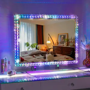 VANITII GLOBAL Vanity Makeup Mirror With RGB Lights 32'' x 24'' LED Diamond Bluetooth Speaker For Bedroom Decor Electronic