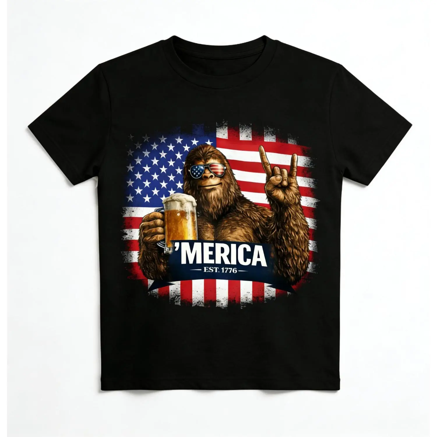 MERICA Bigfoot American Flag T-Shirt, Patriotic Sasquatch Mud Muddin Tee, Funny Freedom Lover Gift For Men