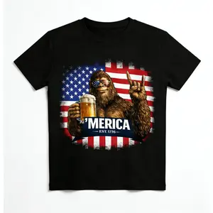 MERICA Bigfoot American Flag T-Shirt, Patriotic Sasquatch Mud Muddin Tee, Funny Freedom Lover Gift For Men