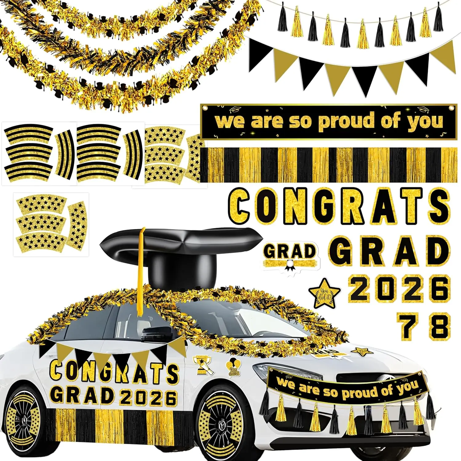 34pcs 2026 Graduation Car Decorations Kit - Inflatable Grad Cap, 3 Black Gold Tinsel Garlands, 1 Banner, Secure Magnets for Class Set Party, Parade Float, Outdoor Photo Hanging Decor (Car Exterior Accessory)