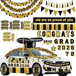 34pcs Graduation Car Decorations 2026 – Inflatable Grad Cap with Black Gold Magnets Tinsel Garlands Banners Kit for Class Set of 2026 Party, Parade Float, Indoor Outdoor Hanging Decor