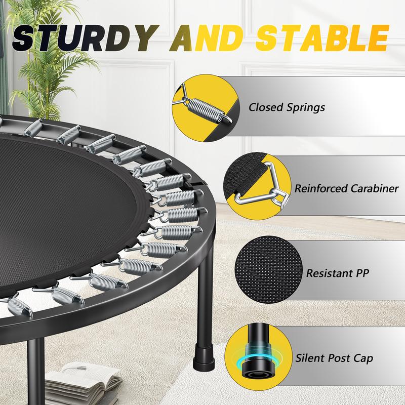 SkyBound 600 LBS Tested Foldable Mini Trampoline, 40'' Fitness Rebounder with Springs/Bungees, Adjustable U-Bar Handle, Stable Quiet Indoor/Outdoor Exercise Equipment