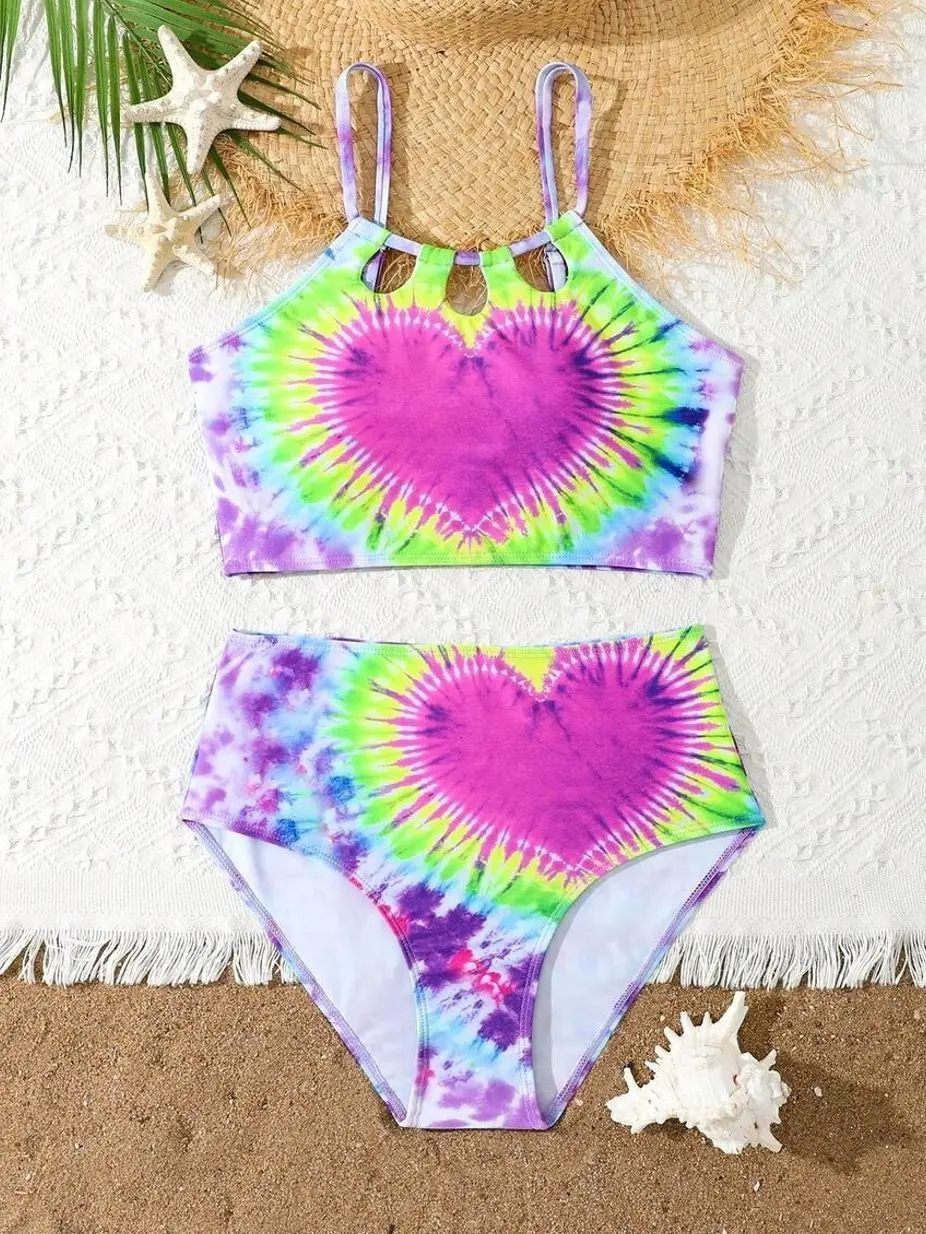 Teen Girls Heart Tie Dye Cutout Bikini Swimwear Set - Beach Vacation Swimming