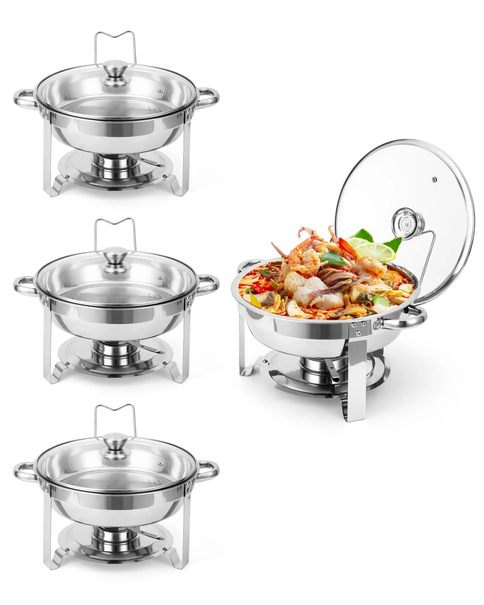 4-Piece 5QT Round Rust-Resistant Stainless Steel Chafing Dishes Set with Glass Lids, Heat-Resistant Buffet Servers & Warmers, Insulated Bakeware Kitchen Supplies for Large Quantities, Dessert-Friendly Bakeware Alternative, Heat Resistant Bakeware