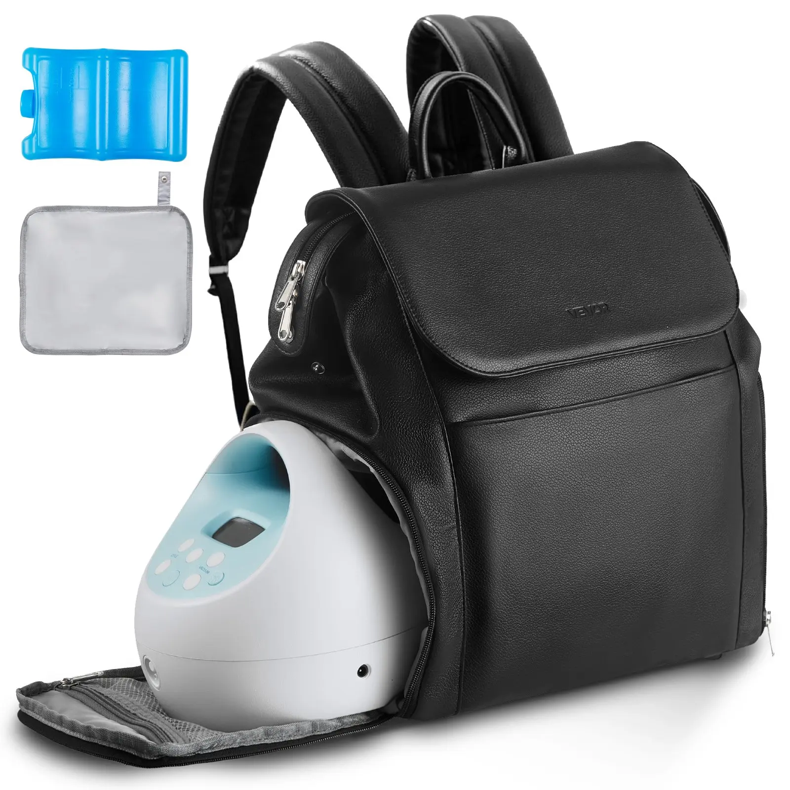 VEVOR PU Leather Breast Pump Backpack - Waterproof, Easy-to-Clean, Zipper-Closure Breastfeeding Bag with Ice Pack, Fits S1/S2, Holds Pumping Accessories & Breastmilk Storage, Portable Carry Case for Work & Travel, Black