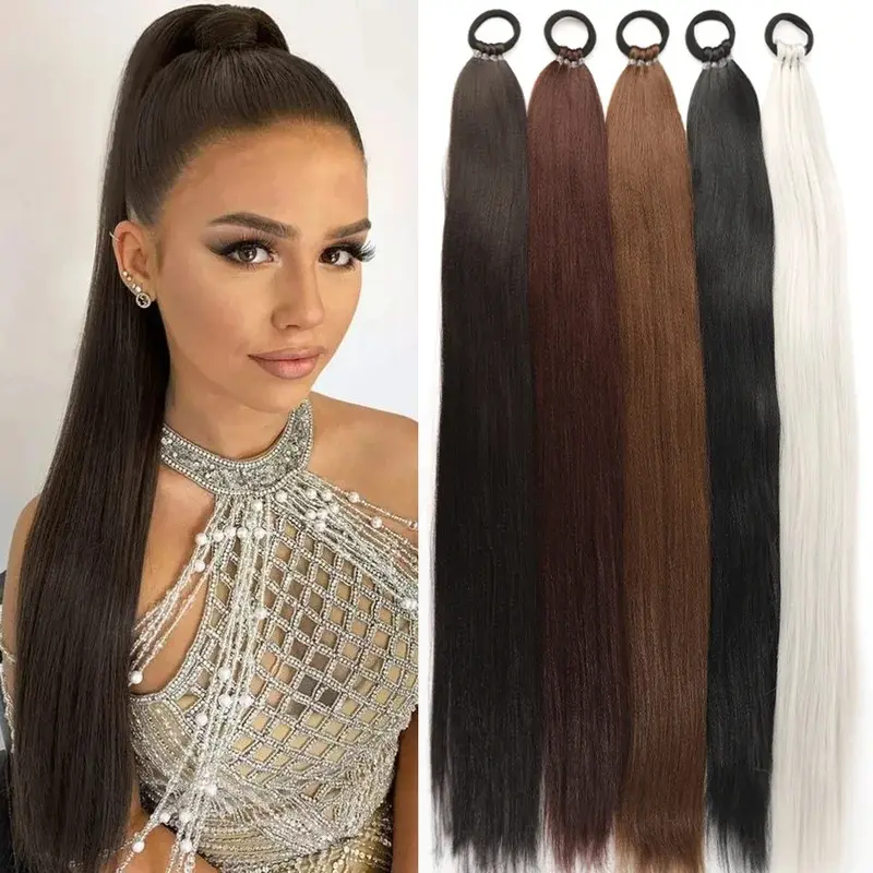 2026 New 28 Inch Synthetic Straight Ponytail With Elastic Hair Rope Hair Extensions Fashionable For Daily Use Party Hair Accessories