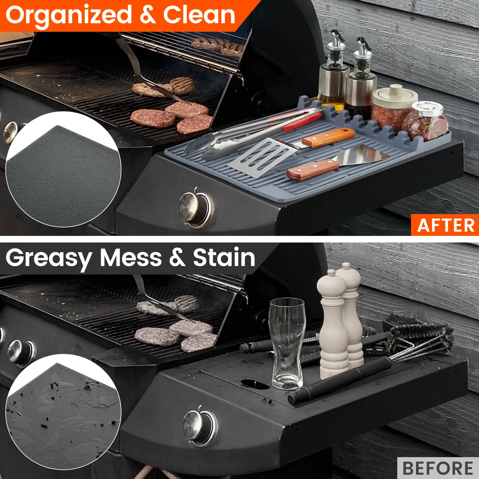 TRZZ Blackstone Silicone Grill Side Shelf Mat, Father’s Day Gift for Dad, Non-Slip Heat-Resistant BBQ Tool Holder for Spatulas, Tongs & Sauces, Oil-Proof Griddle Accessories for Summer BBQ & Outdoor Cooking