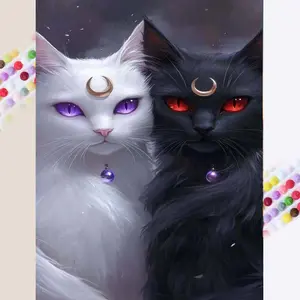 1 DIY diamond painting kit, 5D diamond art set, DIY decoration, black and white double cats diamond painting kit full round diamonds, mosaic, diamond art, DIY art home decoration, suitable for Christmas, Handmade Gifts